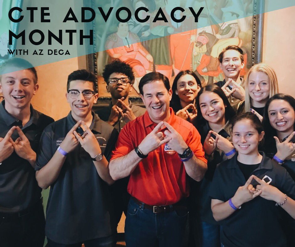 azdeca's tweet image. It’s #CTEMonth! Get out and spread the word to elected officials and representatives about how DECA helped you. We already got Governor @dougducey to throw up the DECA Diamond! He’s #ReadyForIt. Are you?
