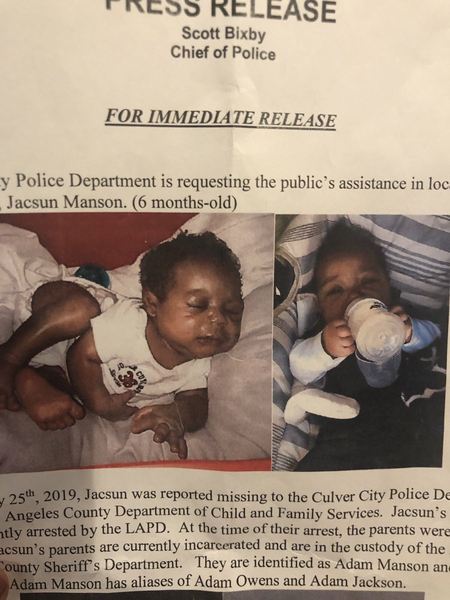 Victoria Spilabotte (@victoriaspilab) on Twitter photo Jacsun Manson is missing, he’s 6-months old and his parents are in jail - they won’t tell police where the baby is. <a href="/Culver_cityPD/">Culver City PD</a> asking for public’s help finding him. #MISSING #MissingChild Jacsun Manson is missing, he’s 6-months old and his parents are in jail - they won’t tell police where the baby is. <a href="/Culver_cityPD/">Culver City PD</a> asking for public’s help finding him. #MISSING #MissingChild