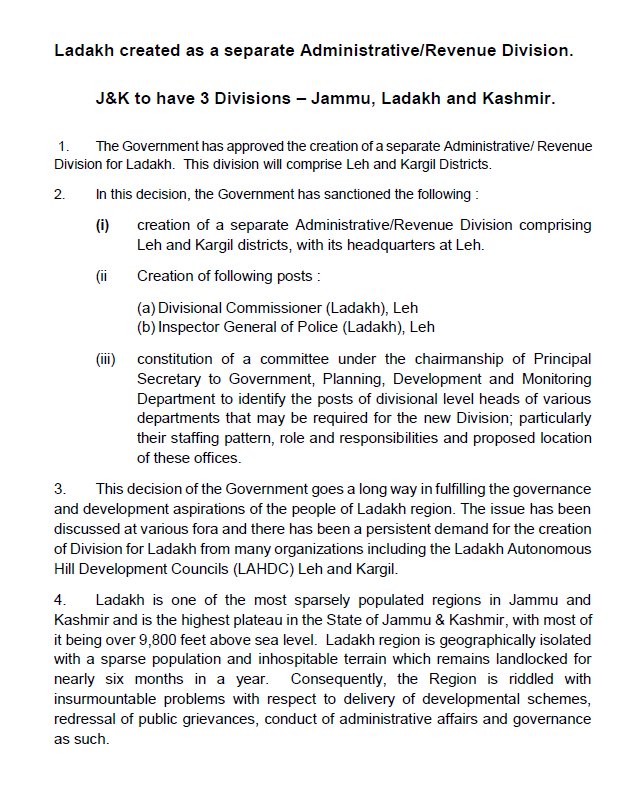 JK Govt orders creation of separate Ladakh Division