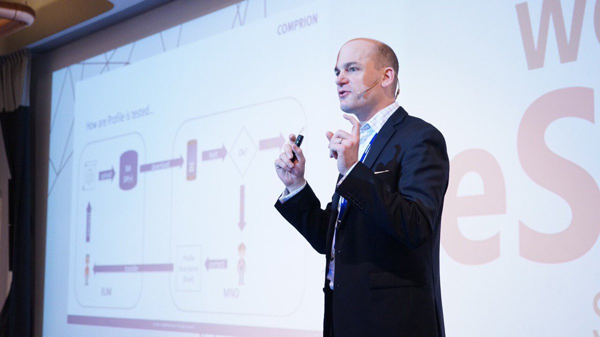 Luxatia_intl's tweet photo. Hajo Sandschneider @eUICCtesting from @COMPRION discussing conformance of profiles, #eUICCs and ways to achieve interoperability at today’s #WorldeSIM2019 https://t.co/pzaLdczuIa