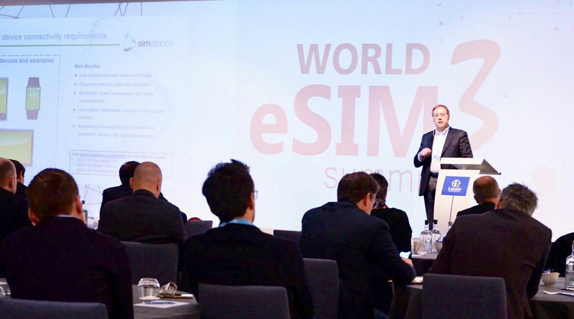 Luxatia_intl's tweet photo. Up next, @mscarlatella from @SIMalliance addresses #eSIM momentum with real life references and #security challenges at the #WorldeSIM2019 https://t.co/BterseBO7C