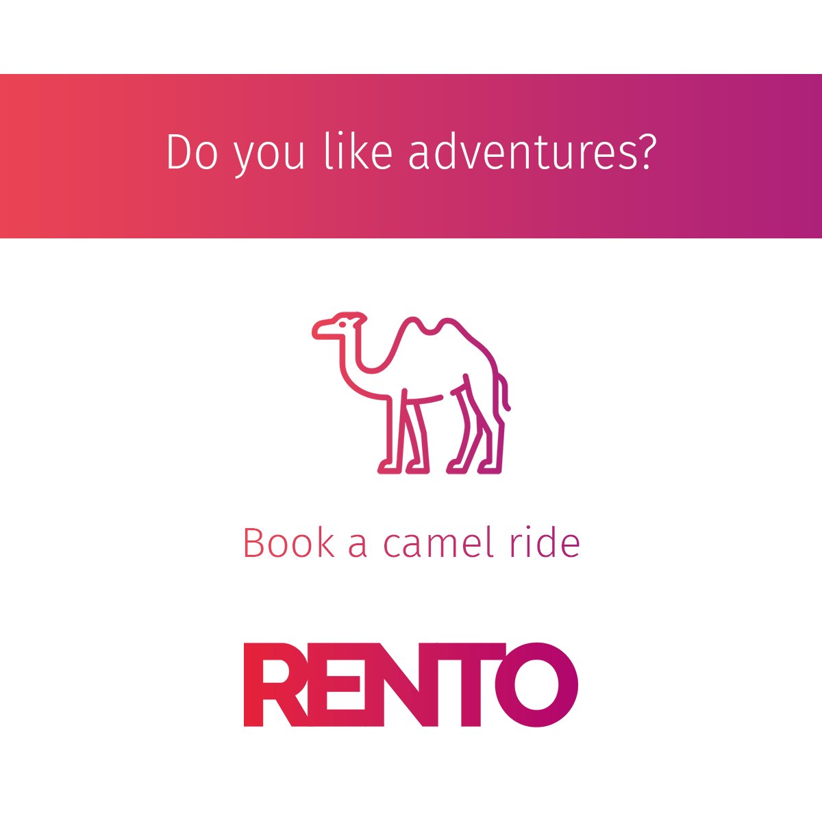 🐫 Looking for something new on vacation? Book a camel ride and enjoy an adventurous desert taxi! 🚕

RENTO - freedom of choice

➡️ rento-app.io