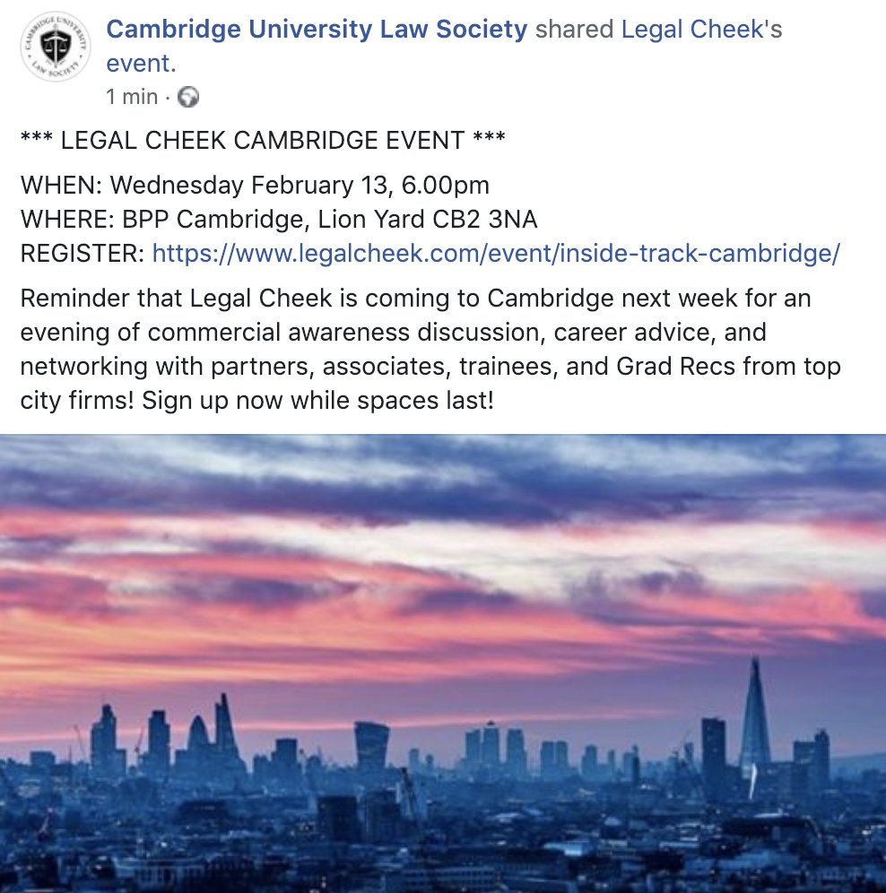 *** LEGAL CHEEK IN CAMBRIDGE *** Register: legalcheek.com/event/inside-t… @legalcheek @CheekCareers