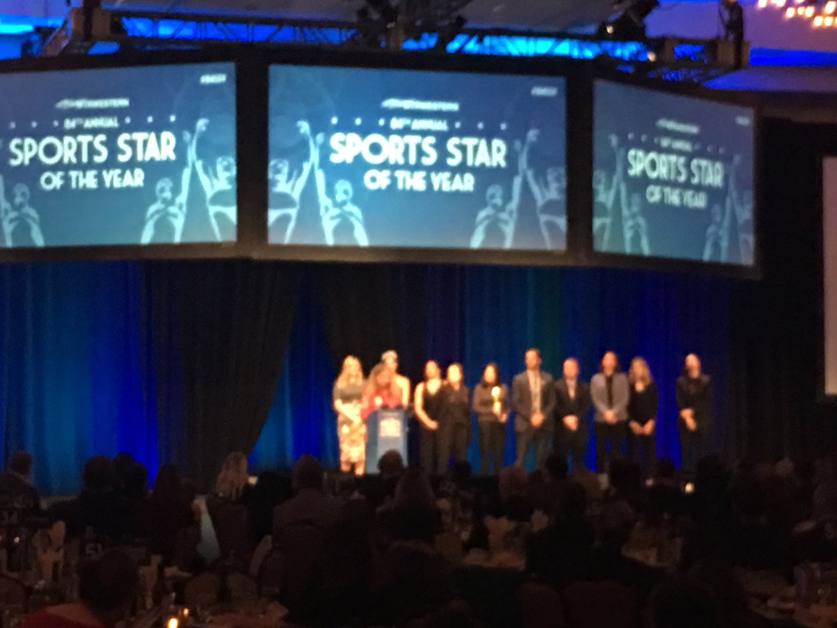 AngieMentink's tweet photo. @JenTalksSports And that is my colleague @JenTalksSports announcing the final award of the night Congrats to the storm the #84SSY story of the year! Ok her camera is better than mine. https://t.co/bP32GagUL2