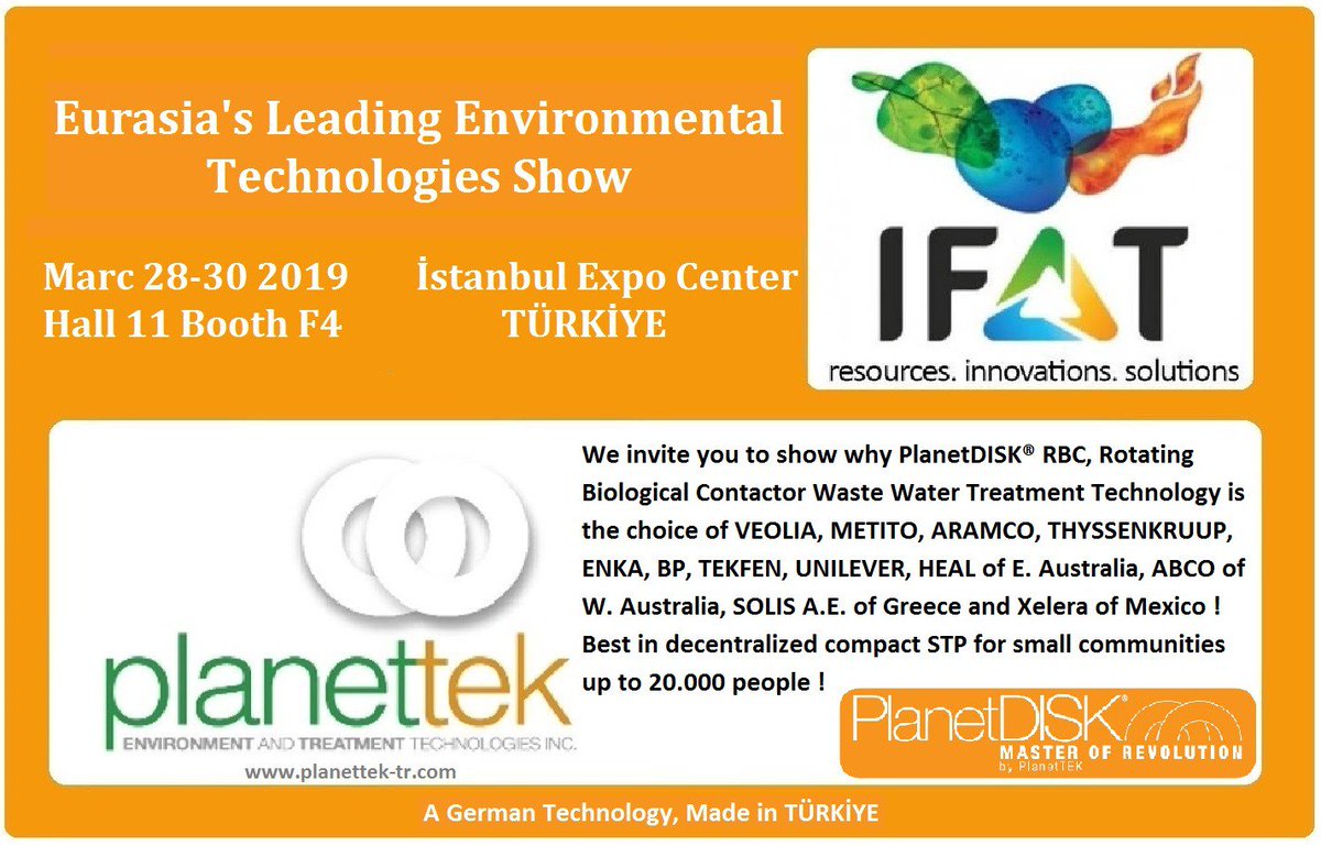 #IFAT  #eurasia #ifateurasia #Istanbul #Planettek #wastewater #biological_treatment #wastewater_treatment #IFAT_Eurasia_2019

twitter.com/PlanettekA