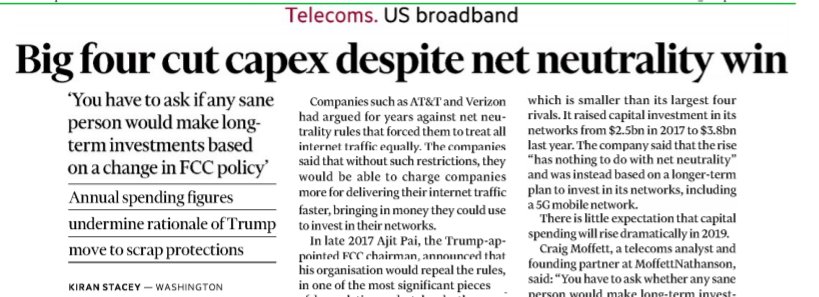 US #Broadband industry had argued that scrapping #NetNeutrality rules would unleash investment boom, but company figures reveal that instead in 2018 they cut CAPEX for the first time 3 years. #NetCompetition ft.com/content/81576d…