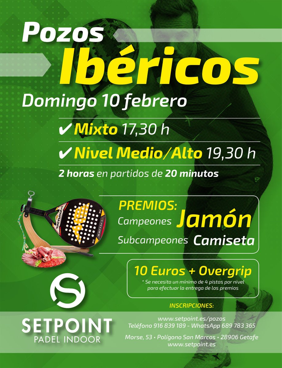 SetPointG's tweet image. Y para cerrar la semana os proponemos para este domingo 10 de febrero nuestro Pozo Ibérico dominical, donde te espera un Señor Jamón si ganas el torneo. Desde las 17,30 horas, con varios niveles. Inscripciones: 916 839 189 - 689 783 365 setpoint.es/pozos/ #setpoint #padel