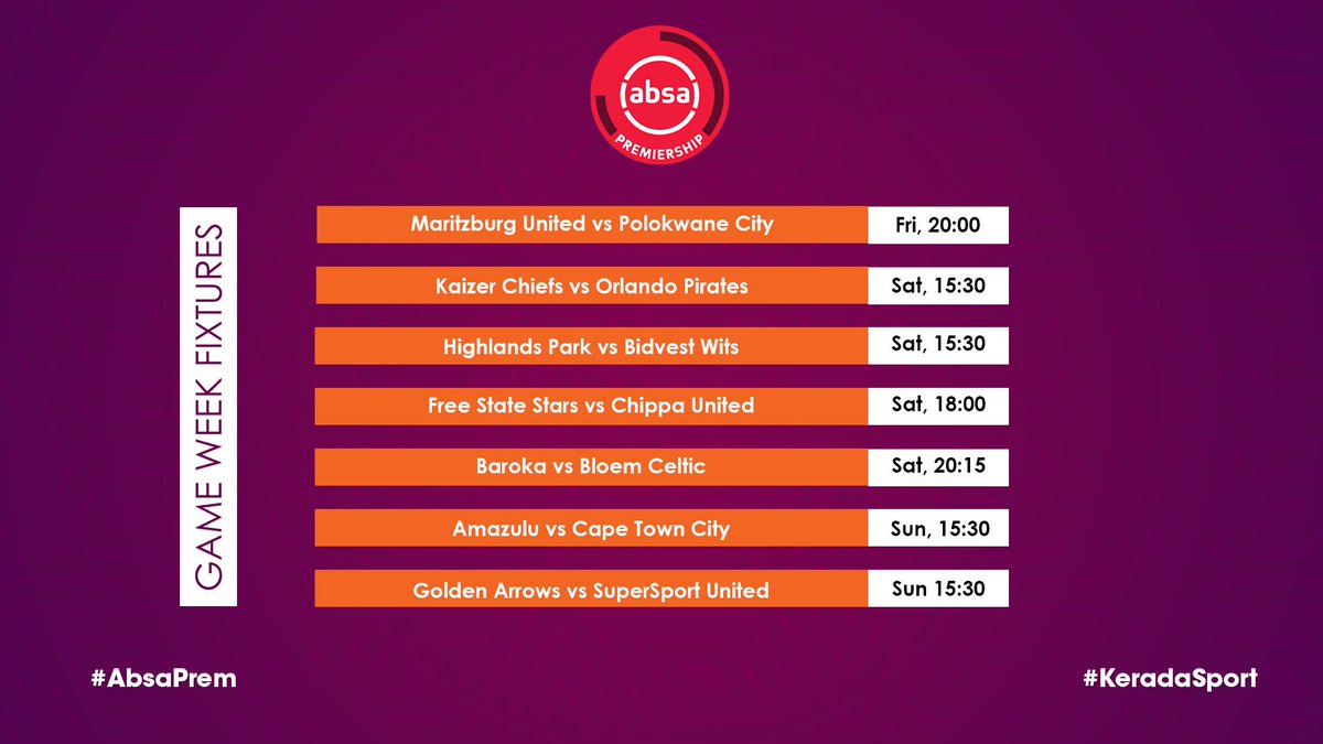 KeradaSport's tweet photo. Some mouthwatering fixtures this weekend including the #SowetoDerby. 

@MaritzburgUtd will be hoping to turn their fortunes around against @polokwane_city tonight!

#AbsaPrem #KeradaSport https://t.co/koM6ROu6zJ