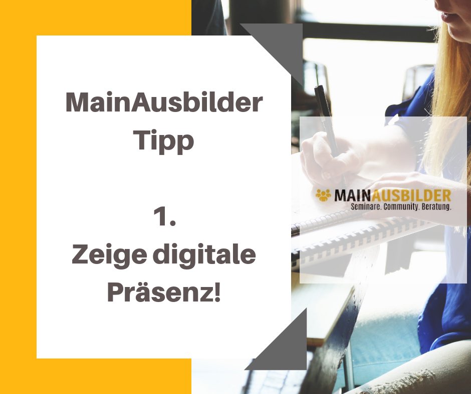 AusbilderMain's tweet photo. Ab heute jeden Freitag der MainAusbilder Tipp für deine digitale Ausbildungsstrategie....
1. Tipp - Zeige digitale Präsenz! 
Zeige mit deinem Ausbildungsbetrieb digitale Präsenz und zwar auf den, für deine Zielgruppe, richtigen Kanälen!
#mainausbilder #digitalePräsenz https://t.co/WVu2XPZtXB