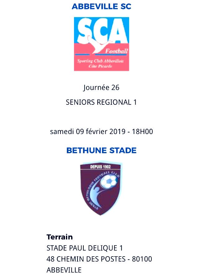 SCAbbeville_'s tweet photo. 🔵🔴CHAMPIONNAT R1🔴🔵
👉 Journée 26
📅 Samedi 9 février 2019
🕒 18h00
👉 SCA 🆚 Béthune
🏟 Stade Paul #Delique
@LFHF_
@Abbeville_Somme @Le_JDA @CourrierPicard @VilleBethune @Vdnbethune #SCASB #R1 #J26 #SCA #AllezSCA
🌐 https://t.co/4AVahtrYP7 https://t.co/SYRs7TWFST