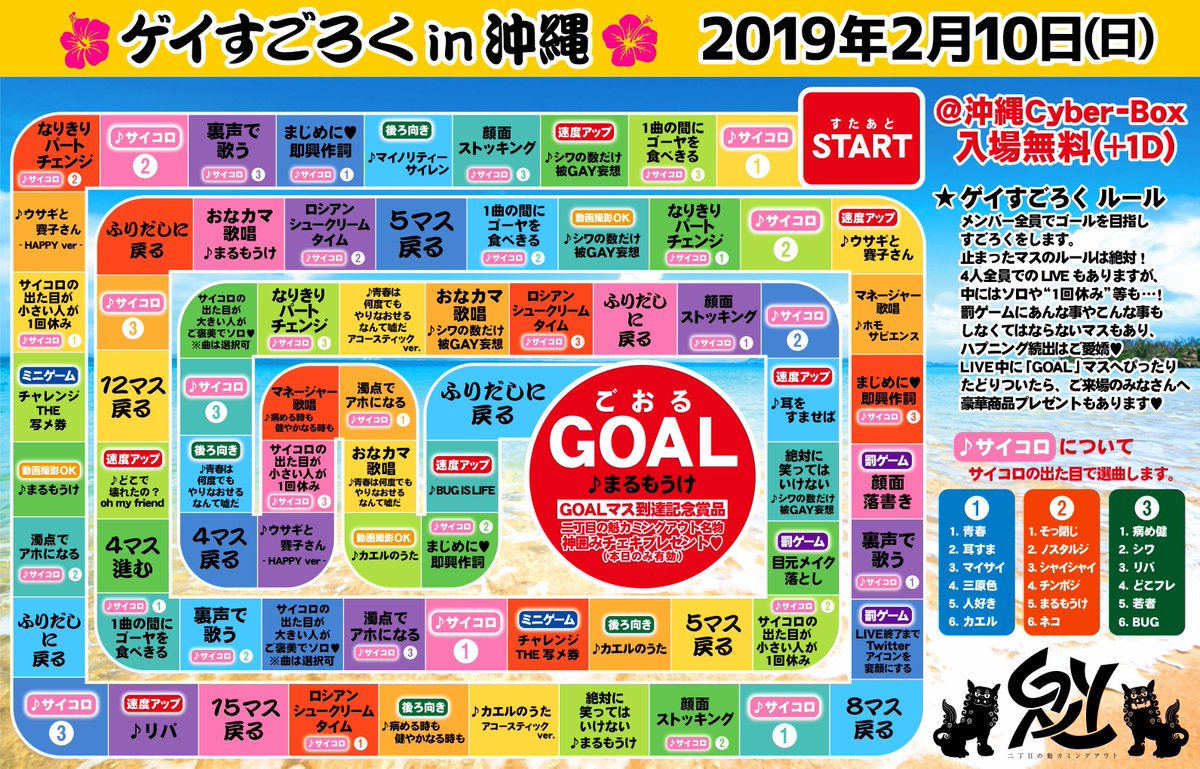 二丁目の魁カミングアウト No Twitter 公演情報 2 10 日 沖縄cyber Box ゲイすごろく In 沖縄 Open 12 00 Start 12 30 入場無料 1ドリンク代のみかかります 時間内にすごろくのゴールを目指します 見事ゴールすれば当日ご来場の皆様にも神チェキを