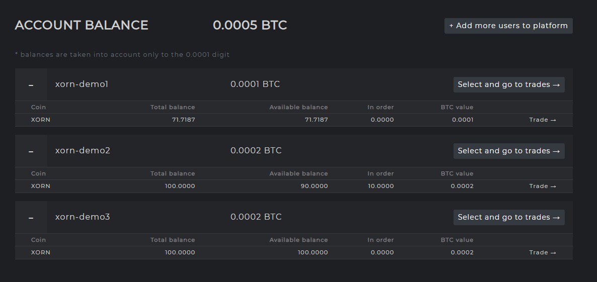 Today we  introduce you a small update of our platform: a new option which is a summary balance page
The balances of all your CB accounts linked to your XORN account can be seen on it
Counts are mathematically rounded to four decimal place
Assets with values below are not counted