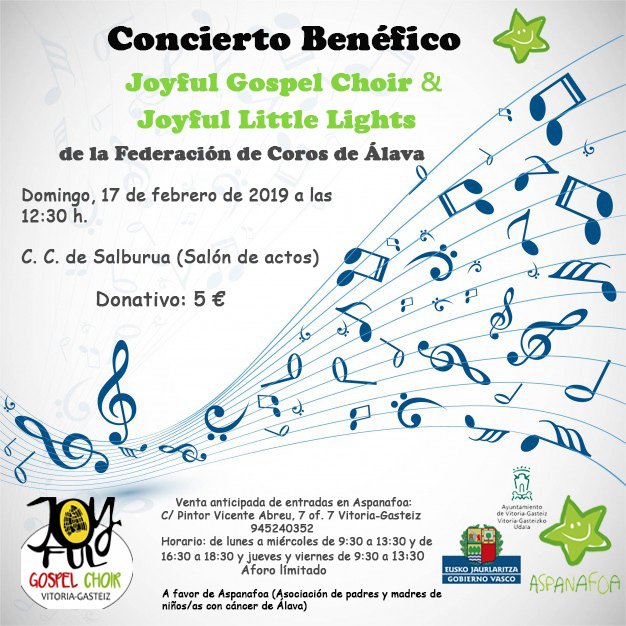 📣📣 Concierto Solidario Joyful Gospel Choir &amp; Joyful Little Lights.
 📆 17 de diciembre, domingo, a las 12:30
 📌 Salón de actos del Centro Cívico de Salburua
 Donativo: 5 €
 Venta anticipada en la asociación.
 Hasta agotar existencias.