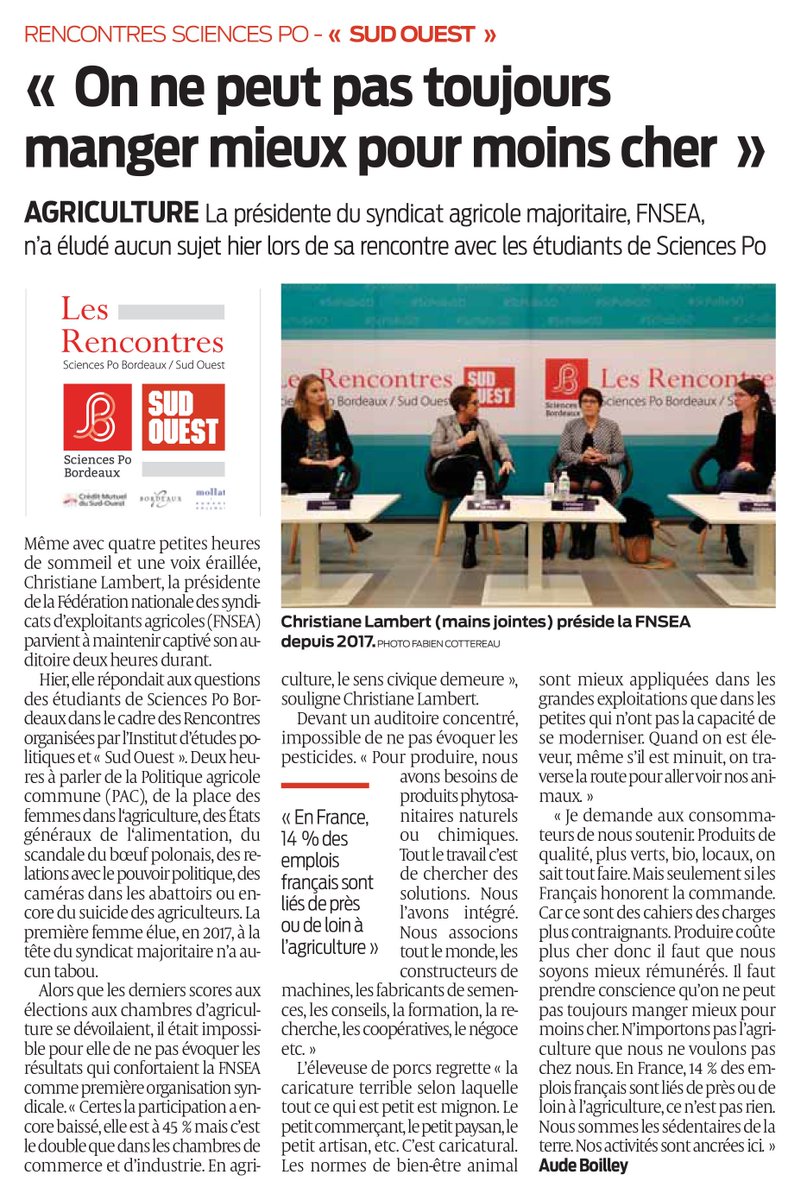 ScPoBx's tweet photo. Retour dans @sudouest sur la venue de @ChLambert_FNSEA à @ScPoBx pour un Grand oral engagé et sincère avec nos étudiants. 
#ScPoBxSO https://t.co/JTXsgOqQeo