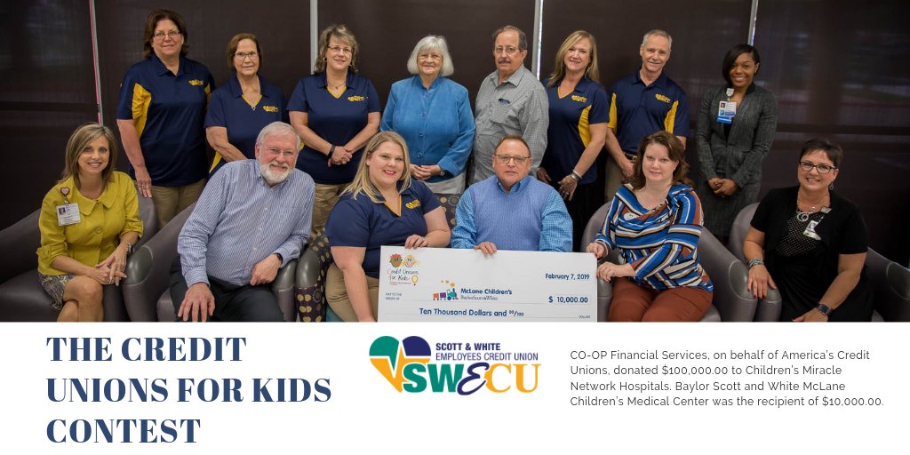 scottwhiteecu's tweet photo. CO-OP Financial Services, on behalf of America's Credit Unions, donated $100,000 to Children's Miracle Network Hospitals. Yesterday, Baylor Scott and White McLane Children's Medical Center was the recipient of $10,000. ๐ โค๏ธ ๐ฆ ๐ง
#voteformiracles #creditunionsforkids #contest https://t.co/ggpiiCdBMA