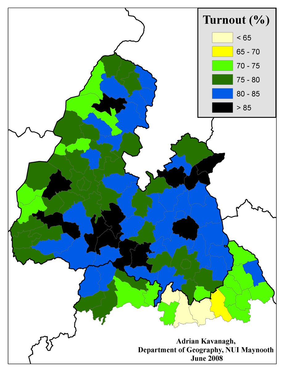AdrianKavanagh's tweet image. Tipperary North had highest average voter turnout level of any Dáil constituency for General Election 2007, averaging at 78.45%.  
As map shows, some exceptionally high turnout levels were recorded in parts of this constituency for that election
#YearofGeography #TipperaryWeek