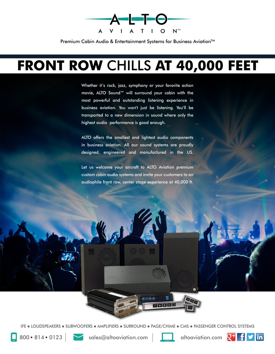 ALTOaviation1's tweet photo. Whether it's #rock #jazz #symphony #sports #movies, #ALTOSound will surround your cabin w the most powerful listening experience #businessaviation Wow customers w unrivaled performance & price #aircraft #audio #entertainment #passengercontrols #CabinManagementSystem
#happyfriday https://t.co/70qMEI2RWJ