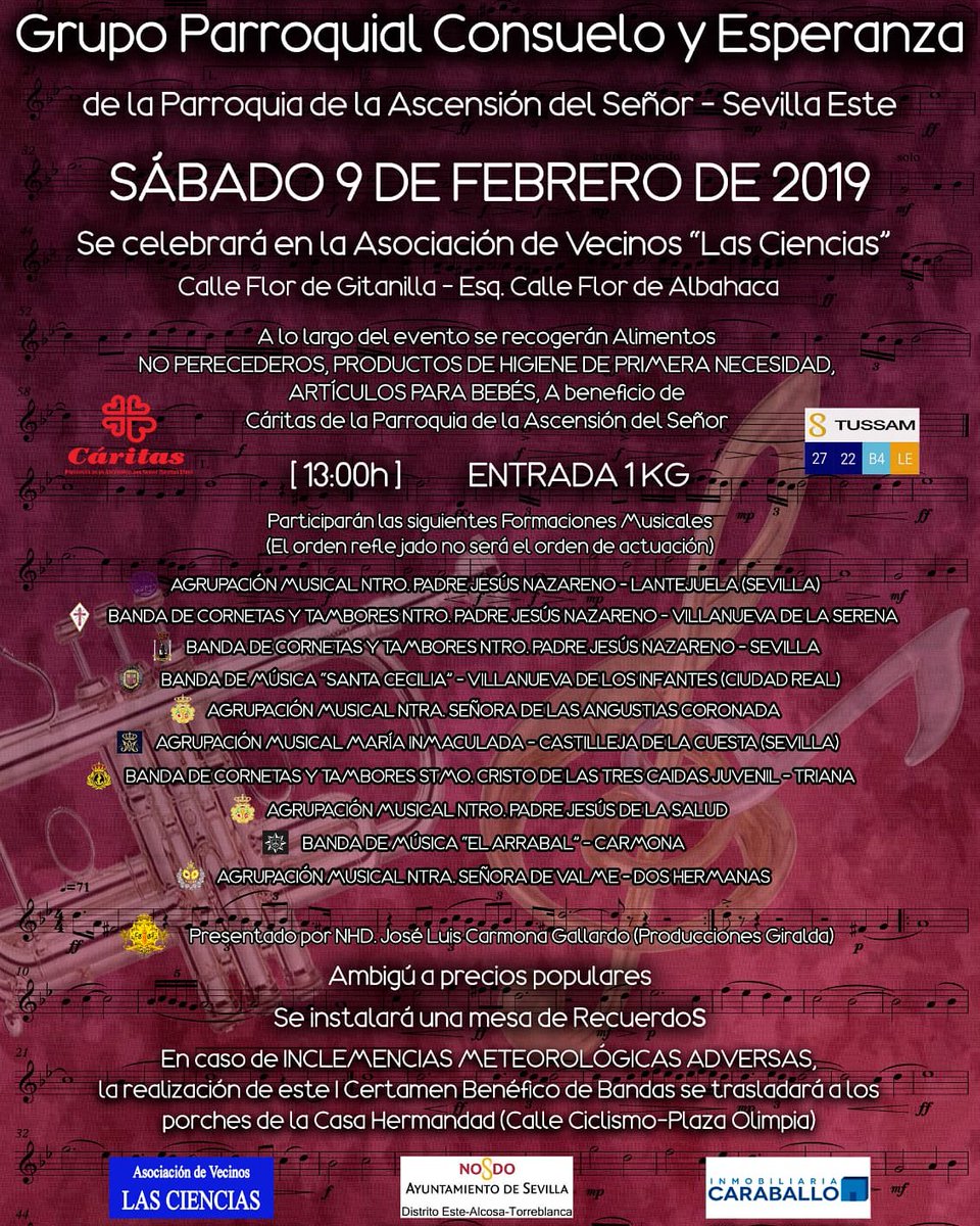 AMValme's tweet photo. CERTAMEN EN SEVILLA ESTE.
Mañana Sábado día 9, cerraremos el I Certamen Benéfico de Bandas "Grupo Parroquial Consuelo y Esperanza" sobre las 18:30 de la tarde.
Allí estará disponible nuestro nuevo disco "Santa Madre" para todo aquel que desee adquirirlo.
#AmValme
#SantaMadre https://t.co/gRtlxpmrgn