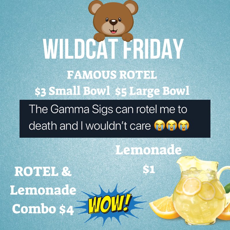 BCU_GammaSigs's tweet photo. Craving our FAMOUS Rotel ? 😰 NO PROBLEM‼️ Wildcat Friday the Sigs will be serving Rotel and Lemonade 🤗Wee have $3 &amp; $5 Bowls🤤 $1 Lemonade 😋 &amp; Rotel and Lemonade COMBO 🙀 Don’t See us there, Beat us there ‼️#BCU #bcu19 #BCU20 #BCU21 #BCU22 https://t.co/JbDOkPN03q
