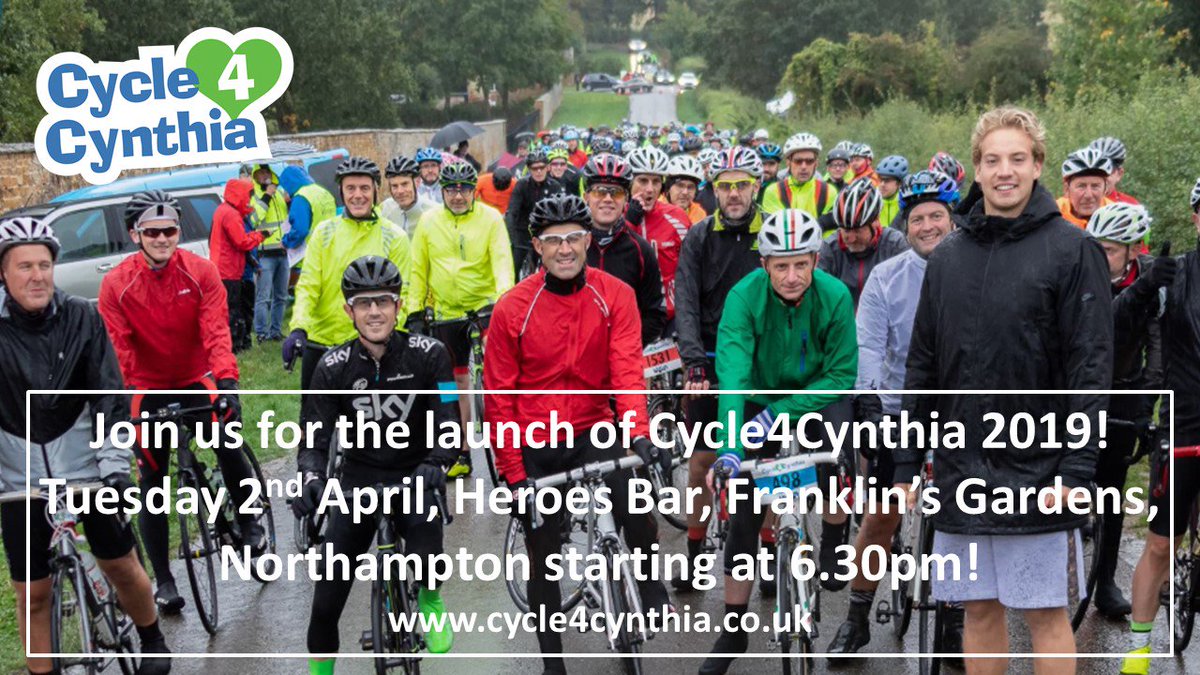 Cycle4Cynthia (@cycle4cynthia) on Twitter photo Join us for the launch of <a href="/Cycle4Cynthia/">Cycle4Cynthia</a> 2019 where we'll be celebrating the heroes of 2018 and announcing the total funds raised plus revealing the venue for this year's ride! Join us on Tuesday 2nd April at the Heroes Bar, <a href="/SaintsRugby/">Northampton Saints ๐</a>, starting at 6.30pm. ๐๐๐ตโโ๏ธ๐ตโโ๏ธ๐ดโโ๏ธ๐ดโโ๏ธ Join us for the launch of <a href="/Cycle4Cynthia/">Cycle4Cynthia</a> 2019 where we'll be celebrating the heroes of 2018 and announcing the total funds raised plus revealing the venue for this year's ride! Join us on Tuesday 2nd April at the Heroes Bar, <a href="/SaintsRugby/">Northampton Saints ๐</a>, starting at 6.30pm. ๐๐๐ตโโ๏ธ๐ตโโ๏ธ๐ดโโ๏ธ๐ดโโ๏ธ
