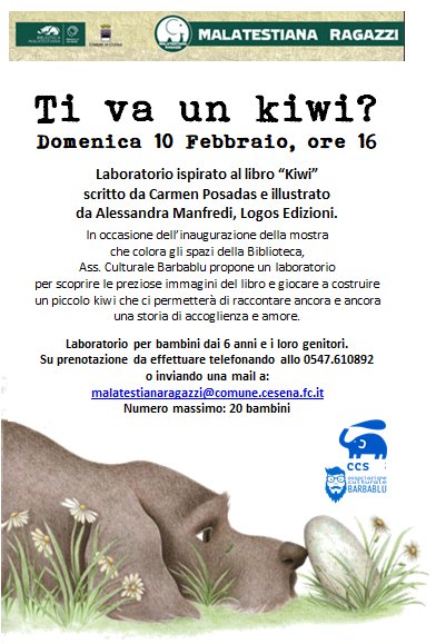Inaugura venerdì 8 febbrario KIWI - Mostra percorso di lettura con le tavole di Alessandra Manfredi. Domenica 10 alle h16 laboratorio per bambini dai 6 anni. Tutte le info al link: ow.ly/bVyD30nCR6K