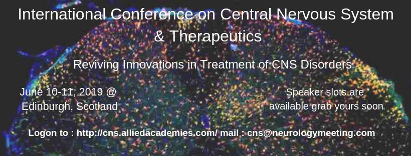 cnscongress's tweet photo. Speaker slots are available, don't miss your opportunity https://t.co/fwrer0bEEk
June 10-11, 2019 @Edinburgh, Scotland
@cnscongress #Neurosurgery #Neurosurgeon #Neuroscience #CNSDisorder #Scotland #CNSConference #Abstract #Edinburgh #Neuroradiology #Neurology #Neurorehabilitation https://t.co/VeHR6jyM8f