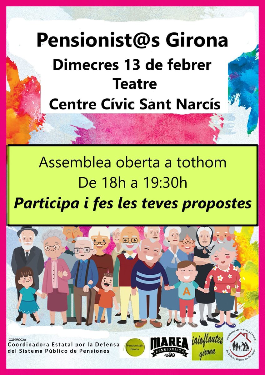 Dimecres que ve, dia 13 de febrer, els pensionistes de Girona convoquen una assemblea oberta a tothom!

➡️ 13/02, a les 18h al Centre Cívic de Sant Narcís 

#pensionsdignes #mareapensionista