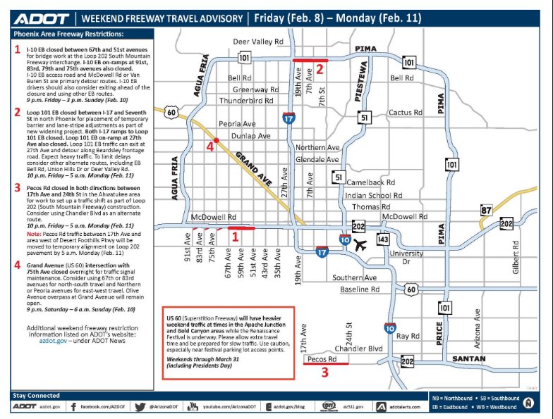 ArizonaDOT's tweet photo. Where are you heading this weekend? Wherever you are going, make sure you check our list of weekend freeway closures first. We have some major work happening this weekend, which you can read about here: https://t.co/BCNv8QaZNT https://t.co/g4MXPW25dy
