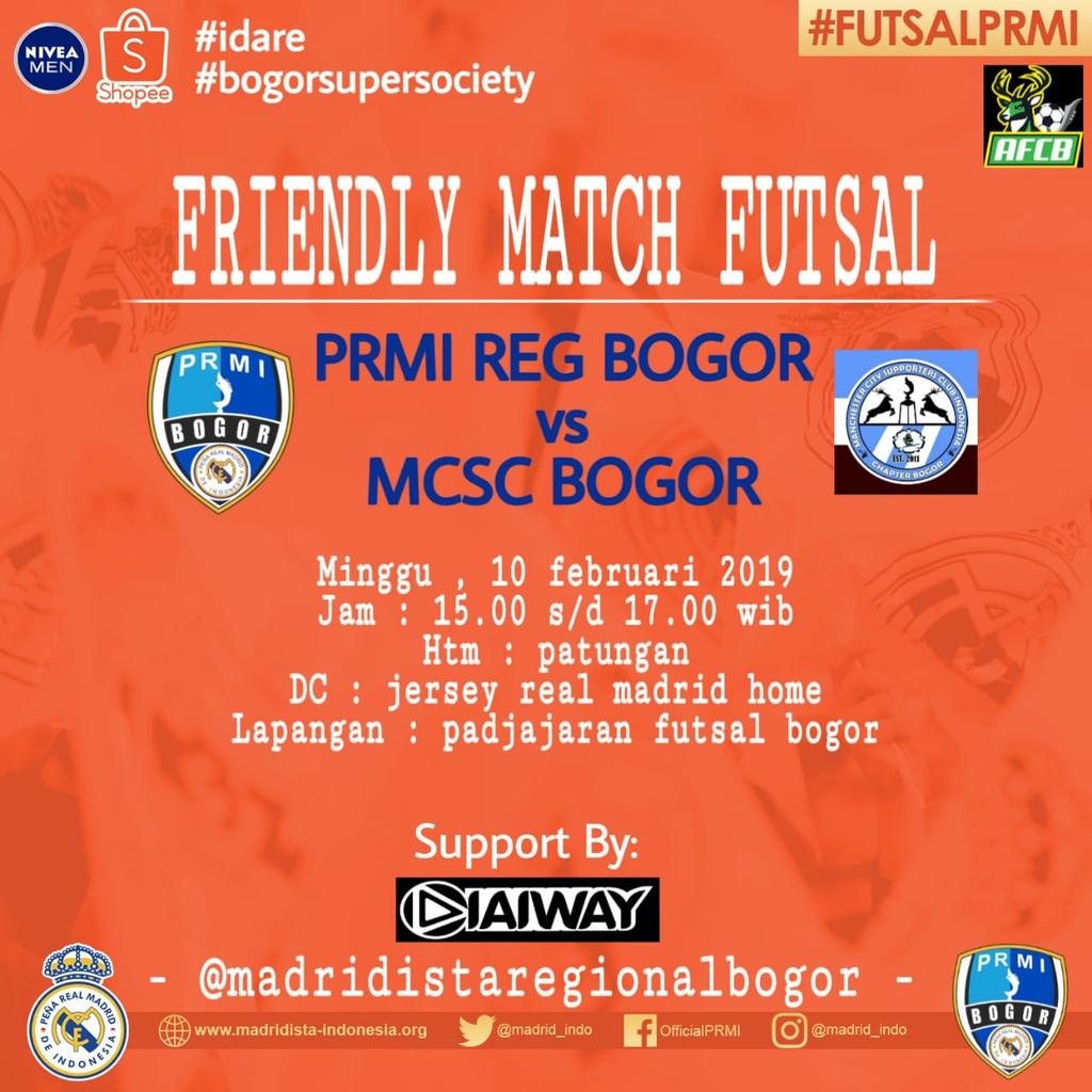 PRMI REGIONAL BOGOR
PRESENT

FRIENDLY MATCH FUTSAL
PRMI BOGOR v <a href="/MCSC_Bogor/">MCSC Chapter Bogor</a> 
Di Pajajaran Futsal (Jambu Dua)
Minggu 10 Feb Jam 3 sore sampe habis.

Htm : Patungan

Come &amp; Join us
Contact Person :
Erza +62 821 24085822

#HalaMadridYNadaMas 
#mibofamiglia
#VamosPRMI