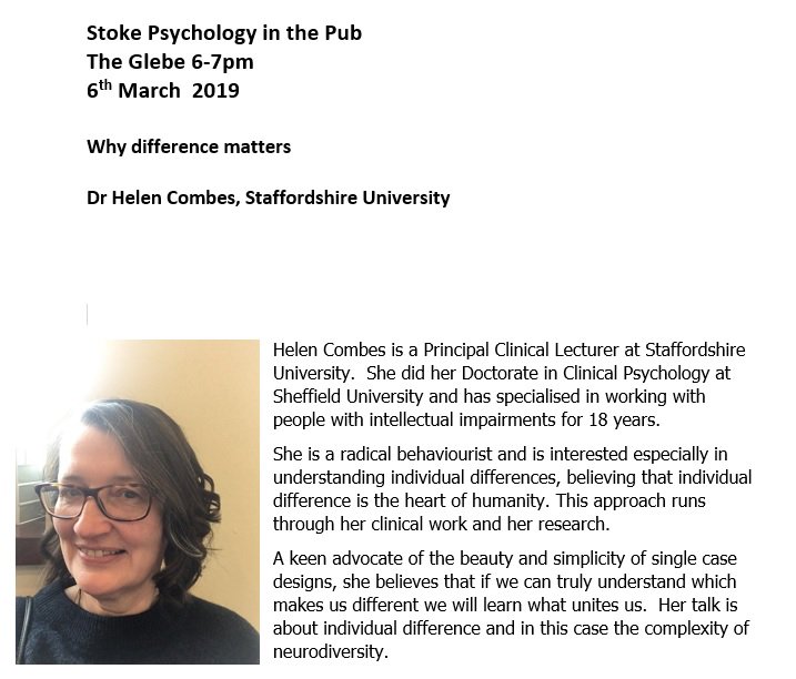 Date for diary - 6th March: the next Stoke PitP is <a href="/coombes119/">Helen Combes</a> who will be talking about why difference matters. Look forward to seeing you there for another interesting talk, a pint of Joules and some yum Glebe grub.

<a href="/StaffsPsych/">Staffs Uni Psychology</a> <a href="/KeelePsychology/">Keele Psychology</a> <a href="/GrahamSedgley/">Graham Sedgley</a>