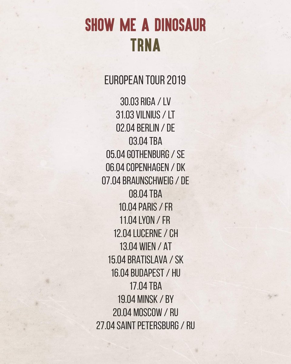 trnaband's tweet photo. We’re delighted to finally announce our European tour for April 2019. #tour #announcement #ontour #showdates #europe #eurotour #trnaband #trna #showmeadinosaur #blackmetal #blackgaze #postmetal #postblackmetal #postrock #shoegaze https://t.co/OvY411Ayg2