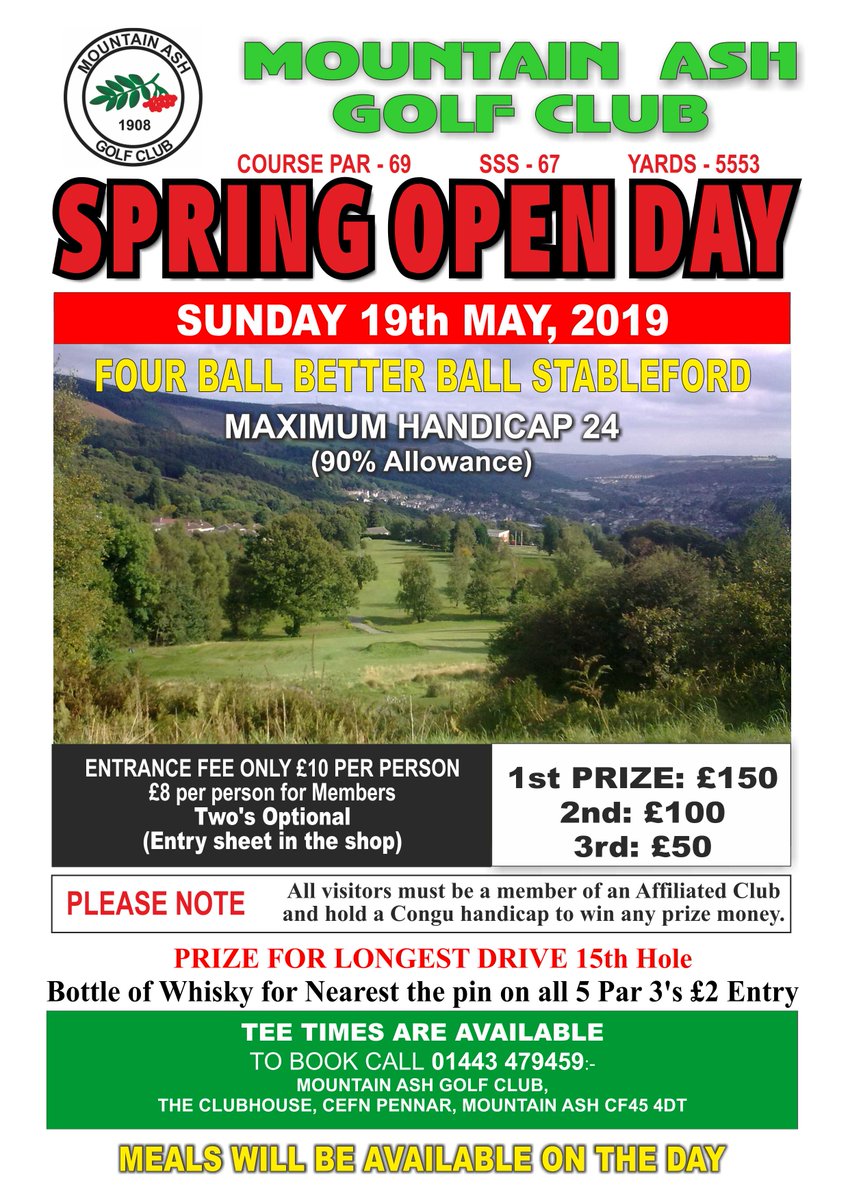MountainAshGolf's tweet image. We are now taking entries for our Spring Open Day!

🗓️Sunday 19th May 2019
⛳️4BBB Stableford
💷£10 entry per person (£8 members)

Prizes for Nearest the Pin &amp;amp; Longest Drive too!

Get in touch if you need more info, call the office on 01443 479459 extension 1 to enter.