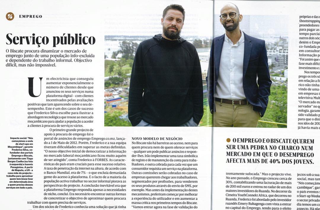 “<a href="/empregomz/">emprego.co.mz</a> e <a href="/biscatemz/">biscate</a> querem ser uma pedra no charco num mercado em que o desemprego afecta mais de 40% dos jovens.”
No artigo referente à edição deste mês, a #ForbesPortugal descreve a criação, expansão regional e o impacto destas plataformas no mercado de emprego moçambicano