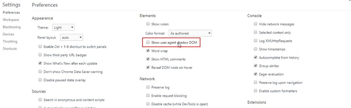 RichardReddy's tweet image. Having trouble finding the styles applied to your input #placeholder? Press F12 in #Chrome, click on the 3 dots in the top right corner and click on Settings. Now tick the checkbox for &quot;Show user agent shadow DOM&quot; &amp;amp; reload your page #FridayDevTip  Thanks @carosull for the tip!