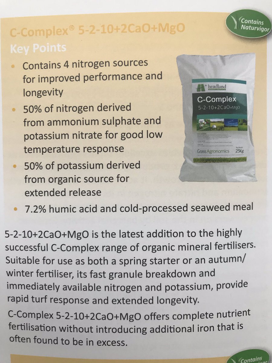 HeadlandAmenity's tweet photo. Ccomplex an ideal spring starter. #Ccomplex 5-2-10+2CaO+MgO contains 4 nitrogen sources. 50% of N derived from ammonium sulphate & potassium nitrate for good low temperature response with 7.2% humid acid & cold-processed seaweed meal https://t.co/UwtuKeKyVe