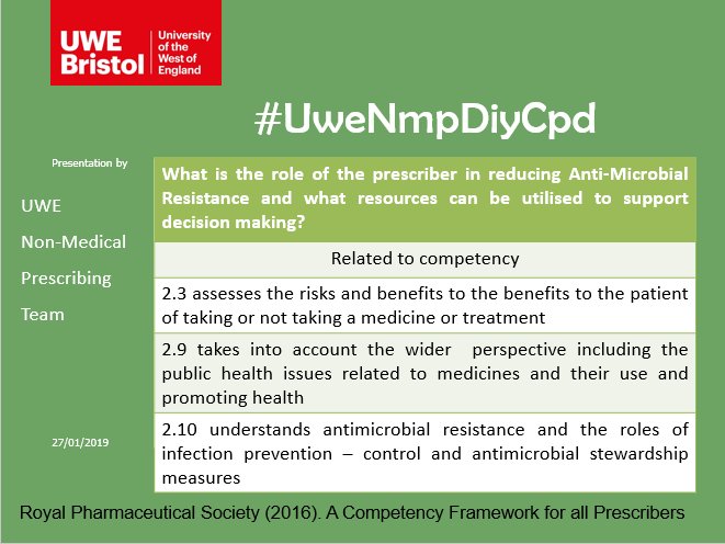 UWE_NMP's tweet image. #UweNmpDiyCpd - weekly questions posed linked to @nmcnews and @rpharms competencies perfect for targeted CPD for prescribing appraisals and revalidation  #uwenmp - DM us for a template or make your own