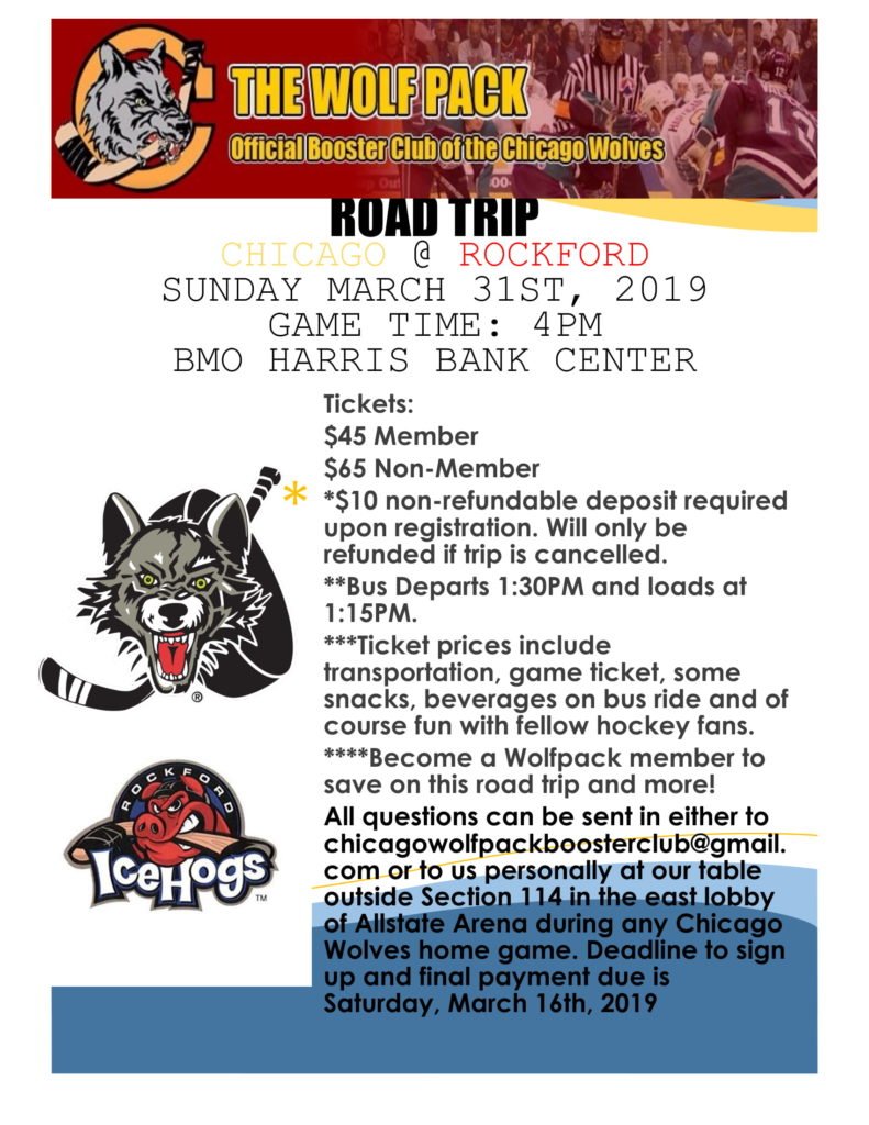 As our 25th anniversary as a booster club continues. #TheWolfPack, Chicago Wolves Booster Club has another road trip this season on March 31st as the @Chicago_Wolves face the @goicehogs. All the information is on the flyer below π.
