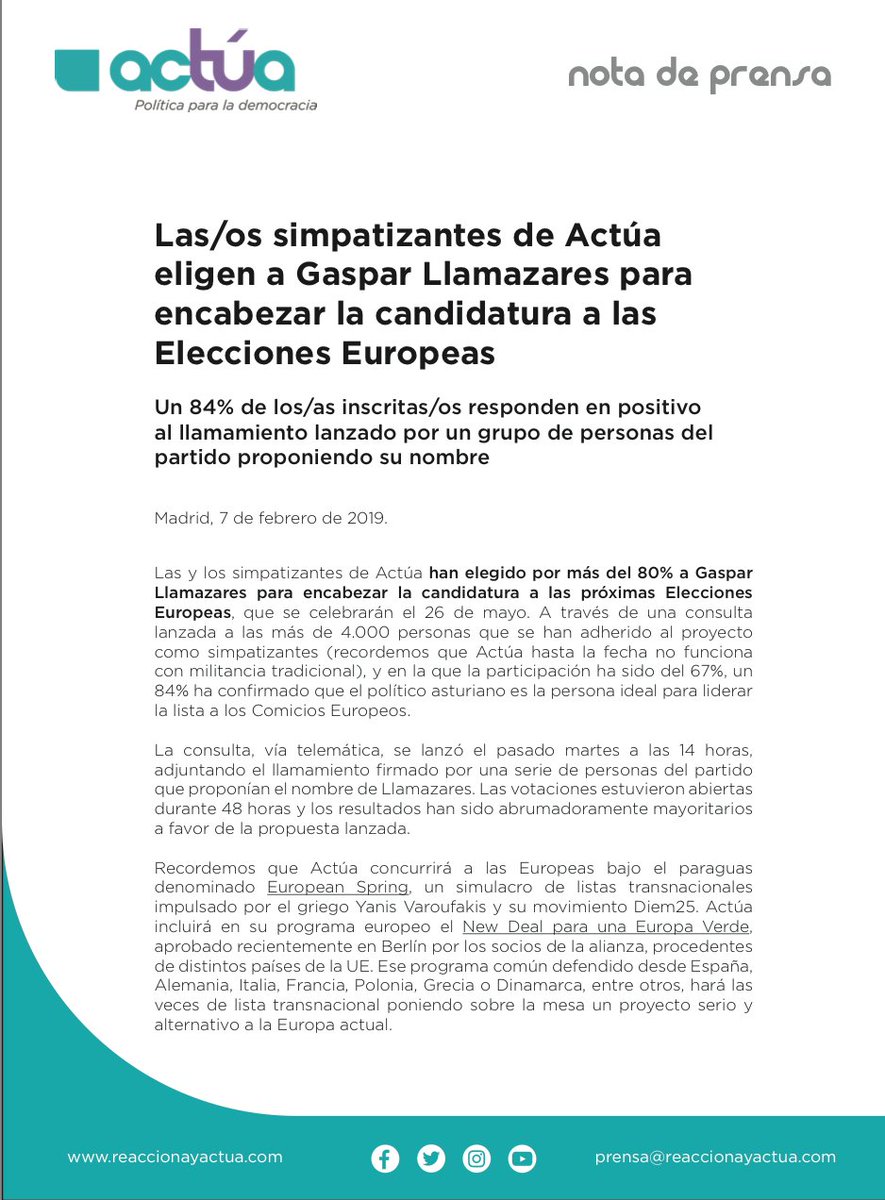 reaccionayactua's tweet image. Los y las simpatizantes de Actúa eligen por un 84% a GASPAR LLAMAZARES como candidato para las próximas Elecciones Europeas. #EuropeanSpring