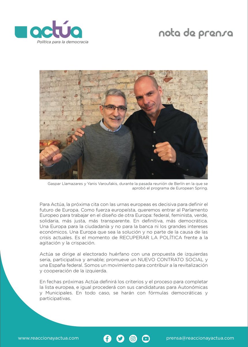 reaccionayactua's tweet image. Los y las simpatizantes de Actúa eligen por un 84% a GASPAR LLAMAZARES como candidato para las próximas Elecciones Europeas. #EuropeanSpring