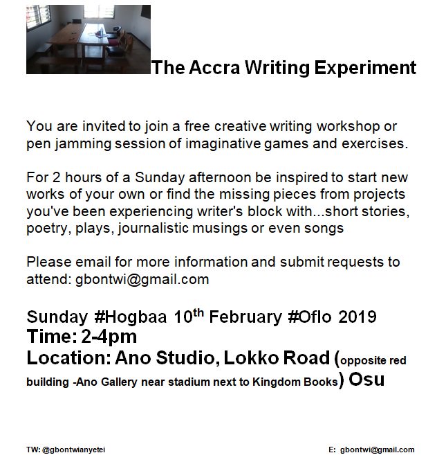 The 'Accra Writing Experiment' @ Ano <a href="/nii_ayertey/">Nii Ayertey Aryeh</a> <a href="/BlueBirdTail/">Ayikwei Dilla / Nii Ayikwei Parkes</a> <a href="/AccraWeDey/">Accra We Dey</a> <a href="/Accradotalt/">Carnival of the Black Sun #ChaleWote2026</a> <a href="/OkayAfrica/">OkayAfrica</a> <a href="/wrappednculture/">wrappednculture 🍜🗺🩰</a> <a href="/writersPG/">Writers Project Gh</a> <a href="/CreativesGhana/">Creatives Ghana. #letscreate #ghcreative #therant</a> <a href="/Dandano__/">Dandano</a> <a href="/TheCreative_Inc/">The Creative Inc.</a> <a href="/MESHGhana/">MESH Creative</a> <a href="/accrashortfilms/">Accra Short Films</a> <a href="/Accra_Film_Fest/">GhanaFilmFest</a> <a href="/osugame/">osu!</a> <a href="/osustatus/">osu!status</a> @formoshood @niikotei <a href="/D41XY/">d41xy</a> <a href="/_Akotowaa/">Akotz</a>