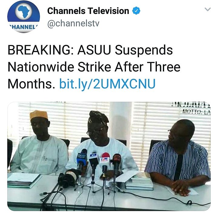 NaessNational's tweet photo. Academic Staff Union of Universities have suspended the Nationwide strike yesterday night after a meeting with the Labour Minister.

#ASUU #NAESS #NAESSNational https://t.co/KxsOaFO2oN