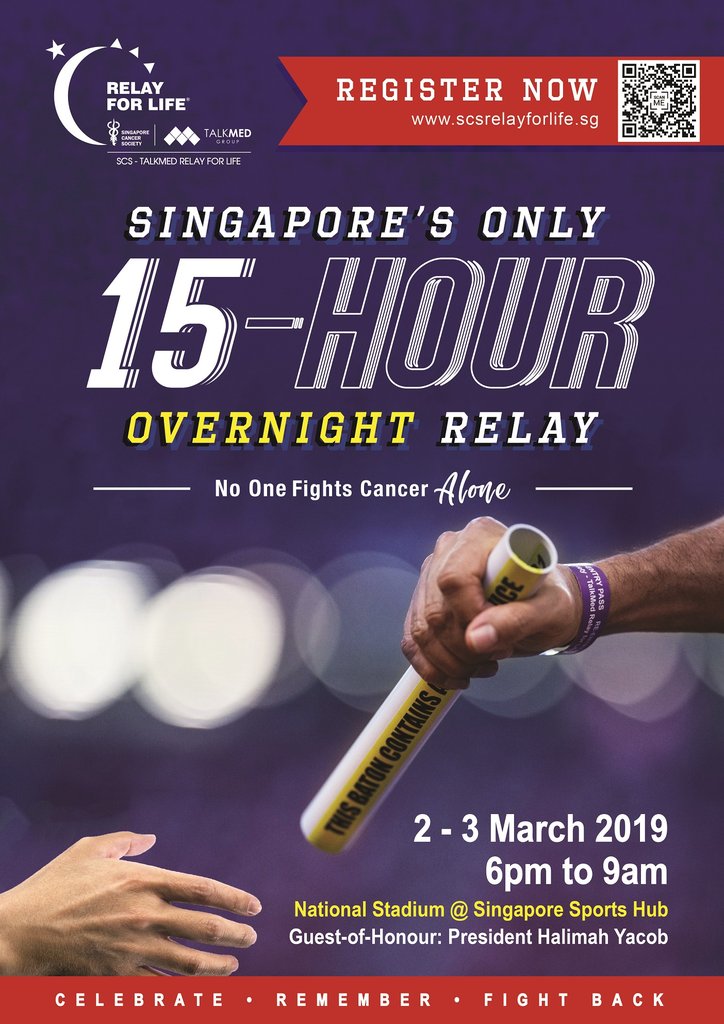 Sign up now and show your support for cancer survivors, caregivers and remember those we have lost. No one fights cancer alone, so come show your support from 2-3 March at the National Stadium, Register now at scsrelayforlife.sg Sign up closes on 15th Feb.
