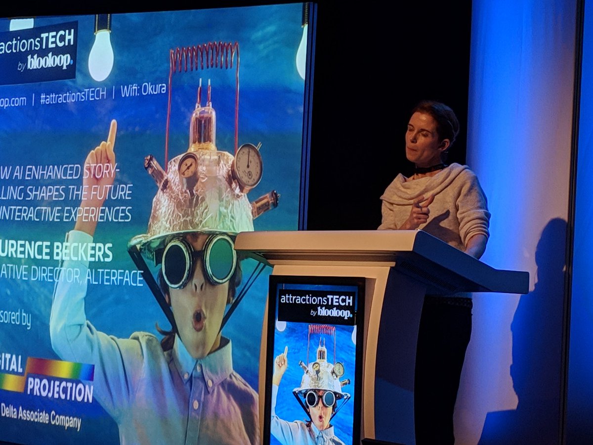 Blooloop's tweet image. &quot;The future of attractions is mixing the low tech with the #hitech&quot;.
Laurence Beckers of @Alterface at #attractionsTECH,
#ISE2019