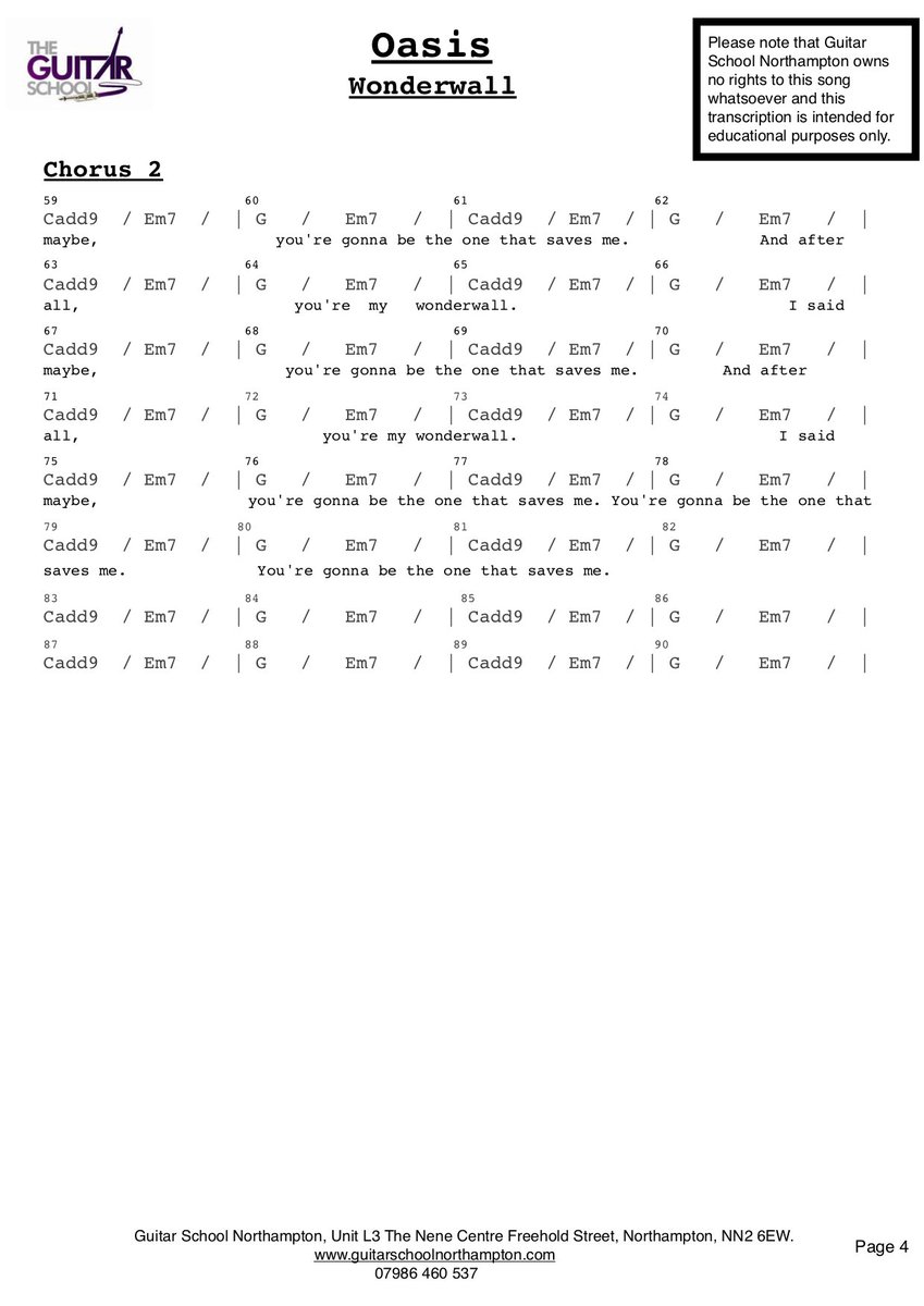 GSN_07986460537's tweet photo. "Wonderwall" by Oasis. Fairly straight forward chords, but the strum pattern can be a little tricky. There's a PDF available, just message us if you'd like a copy. If you struggle 2 keep up, contact us 4 tips, or book in 4 a free half hour lesson. Have a fun learning this 1! https://t.co/pgVRmkf7CP