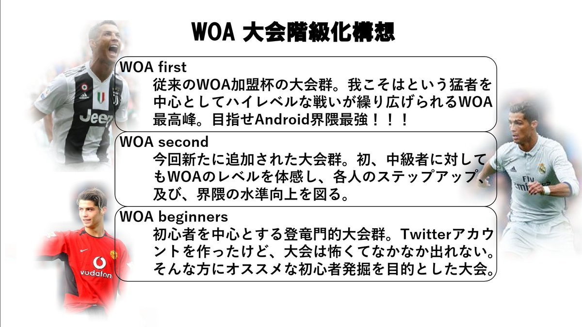 DeL_Firsts's tweet photo. ［WOA関連連絡］

この度、WOAは新たな企画として加盟杯増加をします。

従来の大会群をWOA first
新たな大会群をWOA second
初心者向きの大会をWOA beginners

として運営していきます。

詳細は下記画像を参照ください。またWOAの紹介もしています。周知ください。

#拡散希望RTおねがいします https://t.co/bqnU9wHhpW
