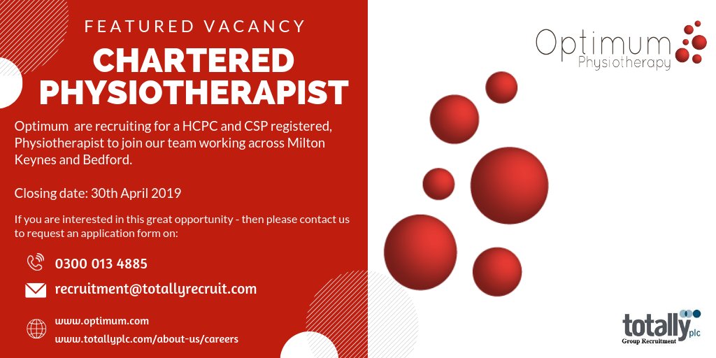 If you are a #physiotherapist who is seeking a new challenge our sister company - Optimum Healthcare Solutions - are now recruiting for a Chartered Physio to work in Bedfordshire...
