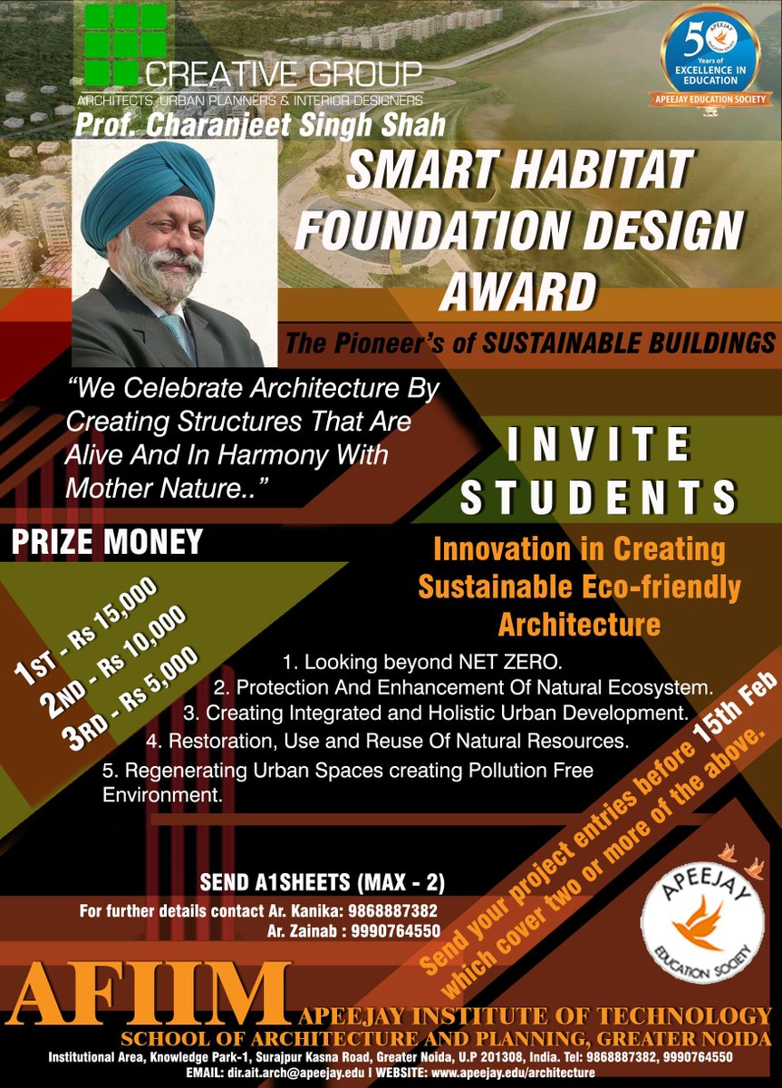 charanjit_prof's tweet photo. Inviting entries from students all over the country for Prof. Charanjit Shah Smart Habiat Foundation Awards with , AFIIM - Apeejay Festival of Ideas by Ignited Minds . https://t.co/xMOMIRUfF6