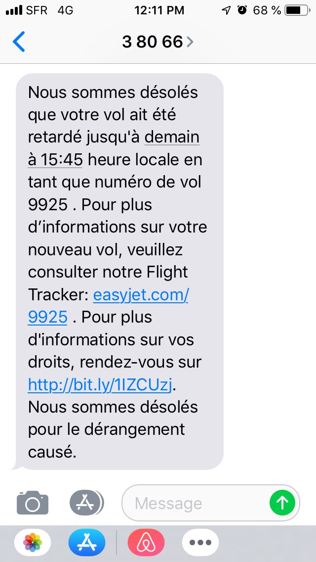 Hey <a href="/easyJet/">easyJet</a>, la définition de retardé elle commence à s’arrêter au-delà de 24h. Niquez vous, bise.