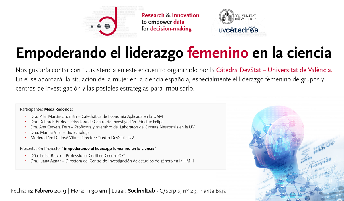 UVcatedres's tweet photo. 📢 La @DevStat_ChairUv  organitza el proper proper dimarts 12 de febrer la trobada “Empoderant el lideratge femení en la ciència”. Una extraordinària ocasió per a analitzar la situació de la dona en la ciència a Espanya 🔬

ℹ️https://t.co/DzsfeQi556 https://t.co/pc3usKZbWN