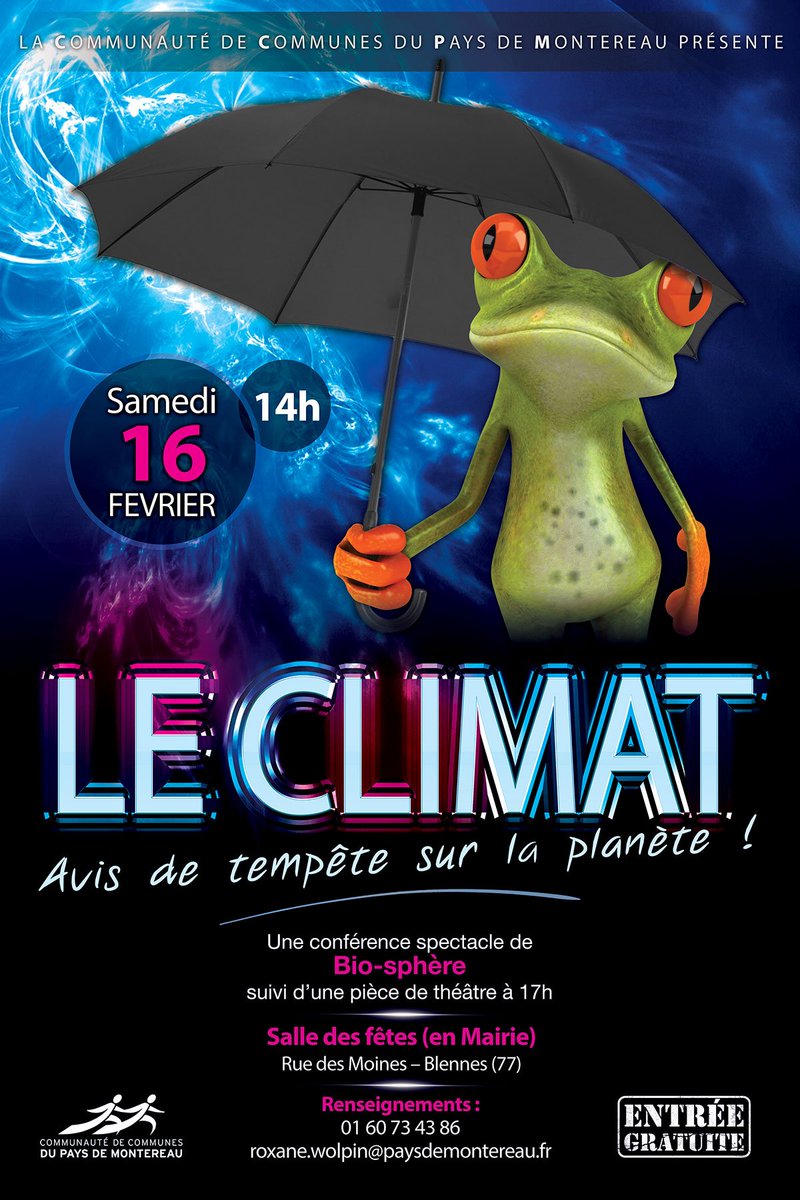 Samedi 16 février - 14h
Un après-midi autour du #climat organisé par la CC du Pays de Montereau. Au programme #conference #spectacle suivie d'une pièce de #theatre.
+ d'infos : paysdemontereau.fr/2018/08/16/aut…
Accès : goo.gl/maps/Ytin4bLRG…
#Ecologie #réchauffementclimatique #planete